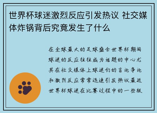 世界杯球迷激烈反应引发热议 社交媒体炸锅背后究竟发生了什么
