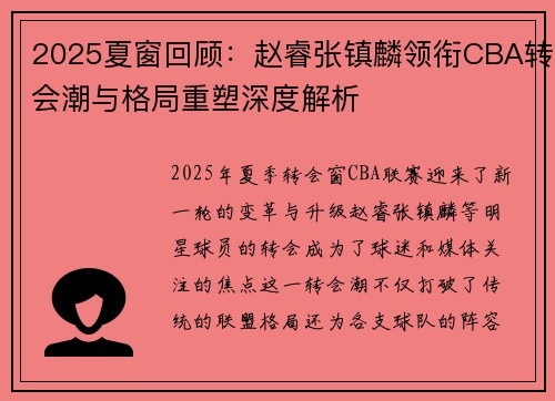 2025夏窗回顾：赵睿张镇麟领衔CBA转会潮与格局重塑深度解析