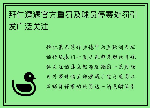 拜仁遭遇官方重罚及球员停赛处罚引发广泛关注