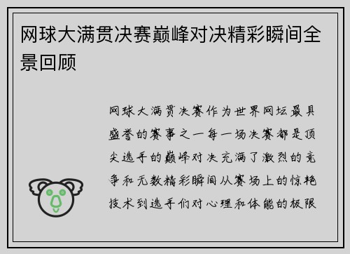 网球大满贯决赛巅峰对决精彩瞬间全景回顾