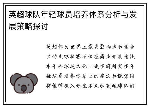 英超球队年轻球员培养体系分析与发展策略探讨
