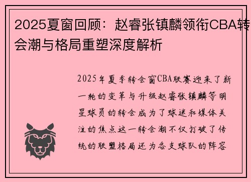 2025夏窗回顾:赵睿张镇麟领衔CBA转会潮与格局重塑深度解析 2025夏窗回顾:赵睿张镇麟领衔CBA转会潮与格局重塑深度解析